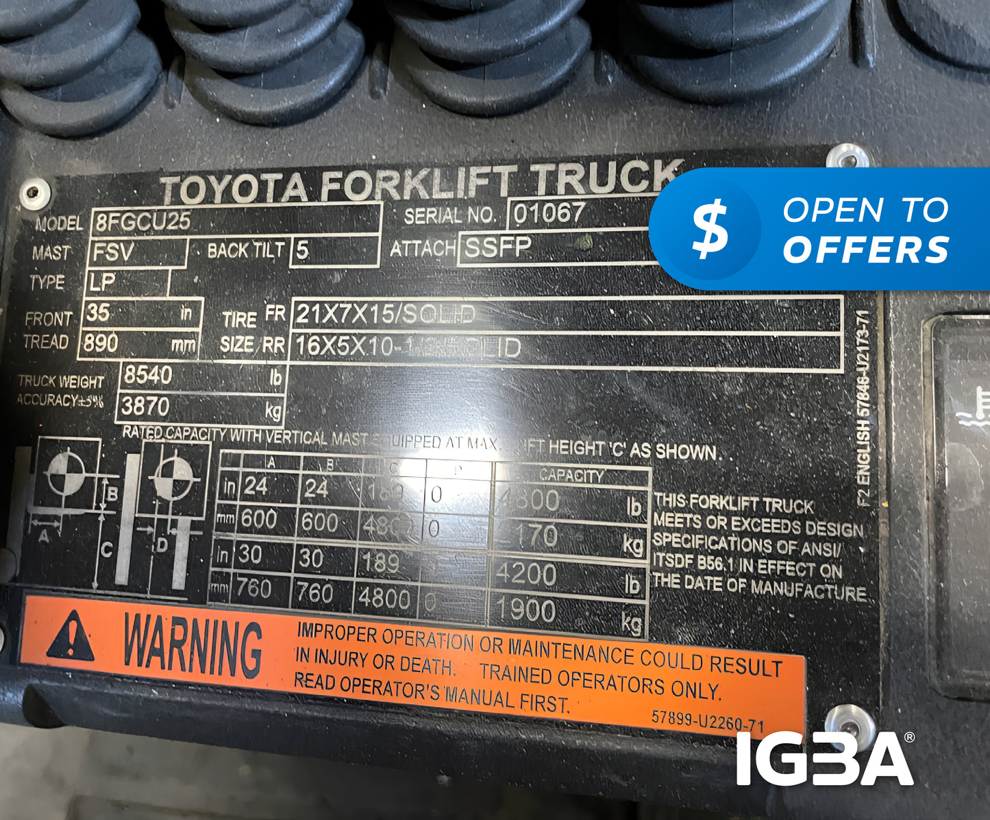 2019 LP GAS TOYOTA 8FGCU25 CUSHION TIRE 4 WHEEL SIT DOWN (INDOOR WAREHOUSE)