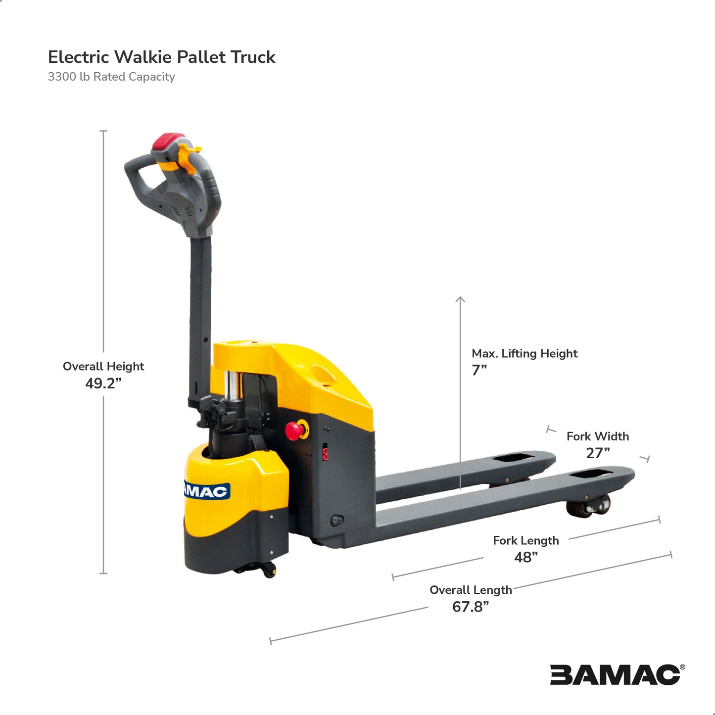 BAMAC Full Electric Pallet Jack 3300lbs Cap. Forks 48" x27" with Emergency Key Switch