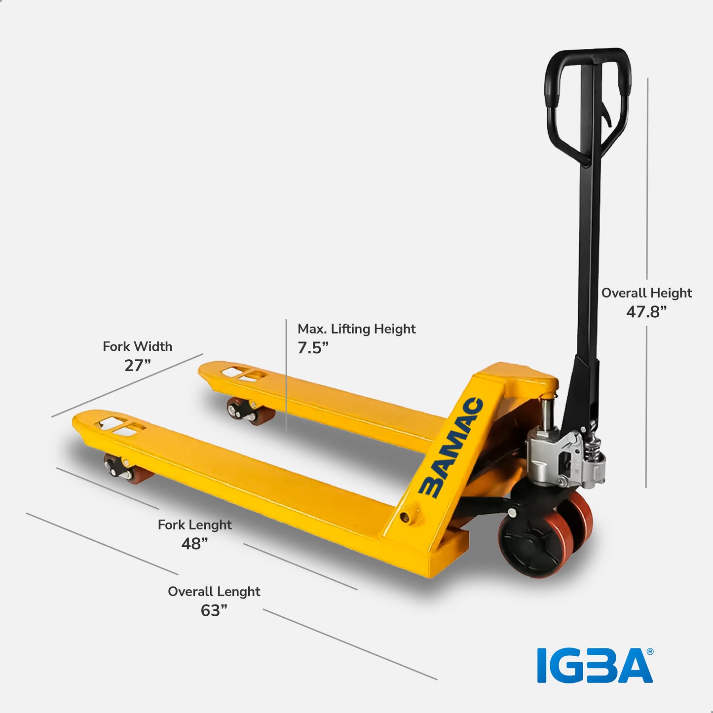 BAMAC Pallet Jack, Industrial Pallet Truck, Pallet Jack 5500 Lb. Capacity, Industrial Pallet Jack Truck, Manual Pallet Jack, 27" W x 48" L Forks Size