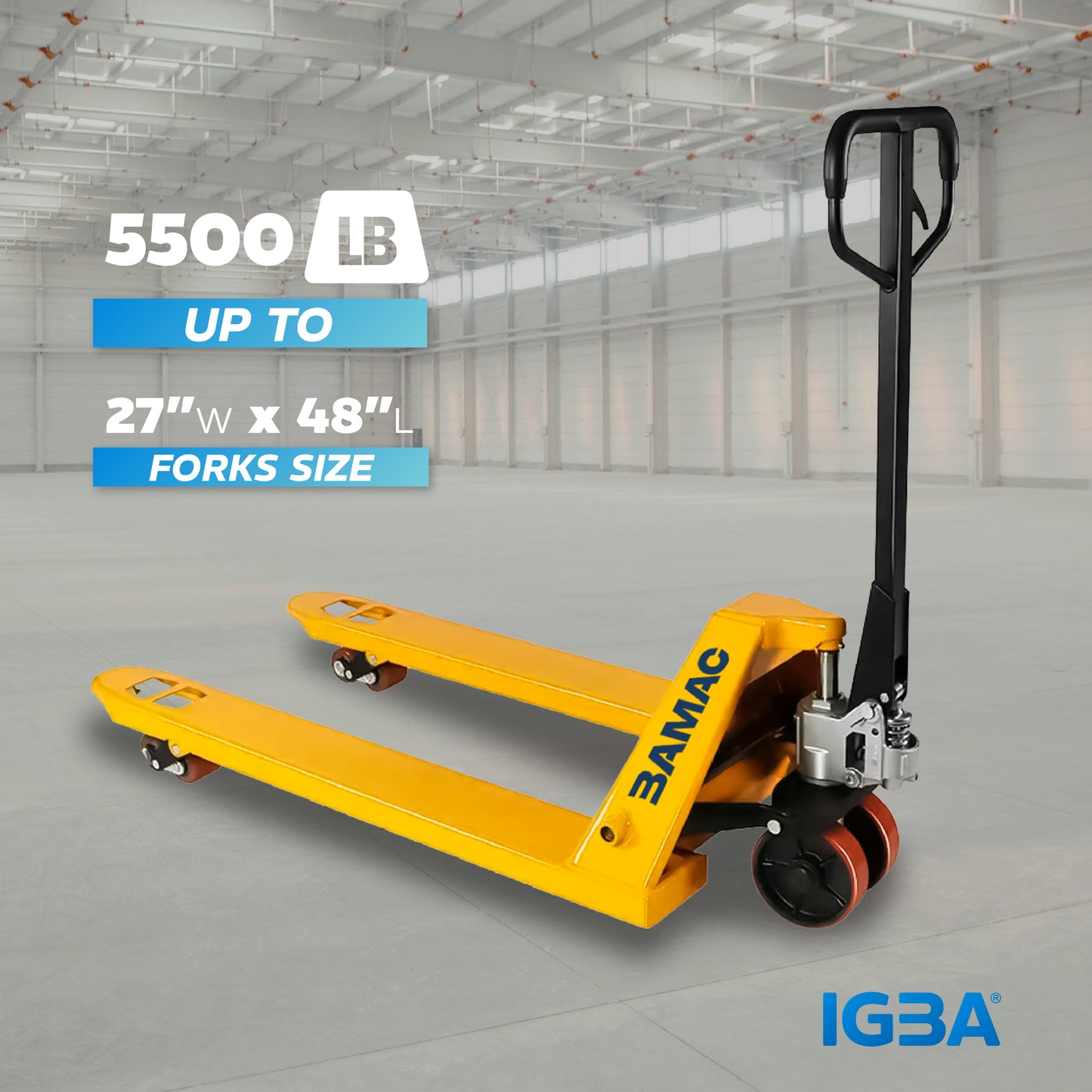 BAMAC Pallet Jack, Industrial Pallet Truck, Pallet Jack 5500 Lb. Capacity, Industrial Pallet Jack Truck, Manual Pallet Jack, 27" W x 48" L Forks Size